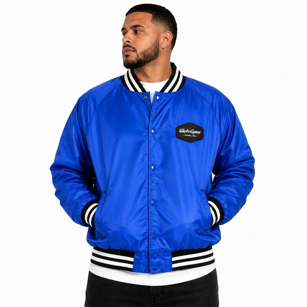 Shaka Wear NWT Varsity Bomber Jacket 2XL Royal Blue Snap Front 4th Ave Gym Yuma